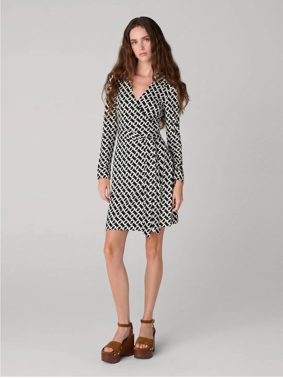Diane Von Furstenberg Silk Black And White Chain-Link Jeanne Wrap Dress